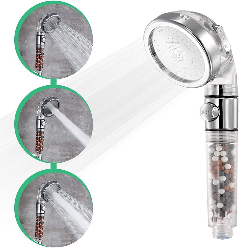 StoneStream Original StoneStream Filtered Shower Head, Eco Power High Pressure Water Softener Showerhead with ON/OFF switch and Spa like Ionic beads for Dry Skin & Hair â€” 3 Spray Settings - Image 1